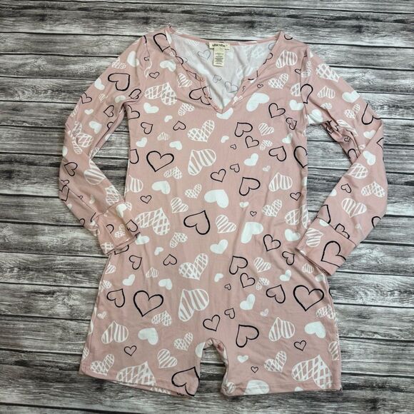 shosho Women's Loungewear Romper Pink White Black Hearts L LG Large Booty Shorts - Picture 1 of 10